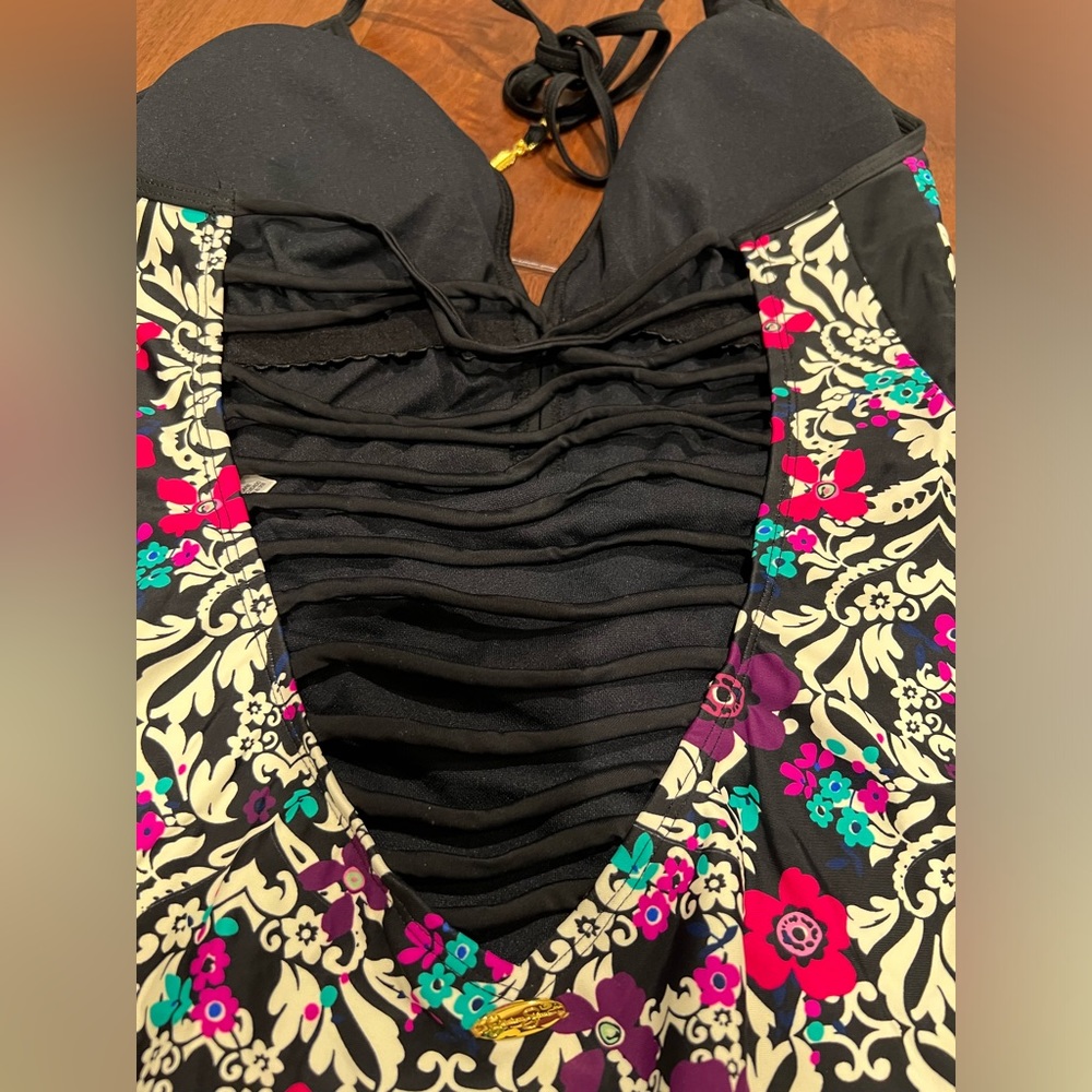 Jessica Simpson Black and Pink Floral One Piece Swimsuit - Picture 5 of 7